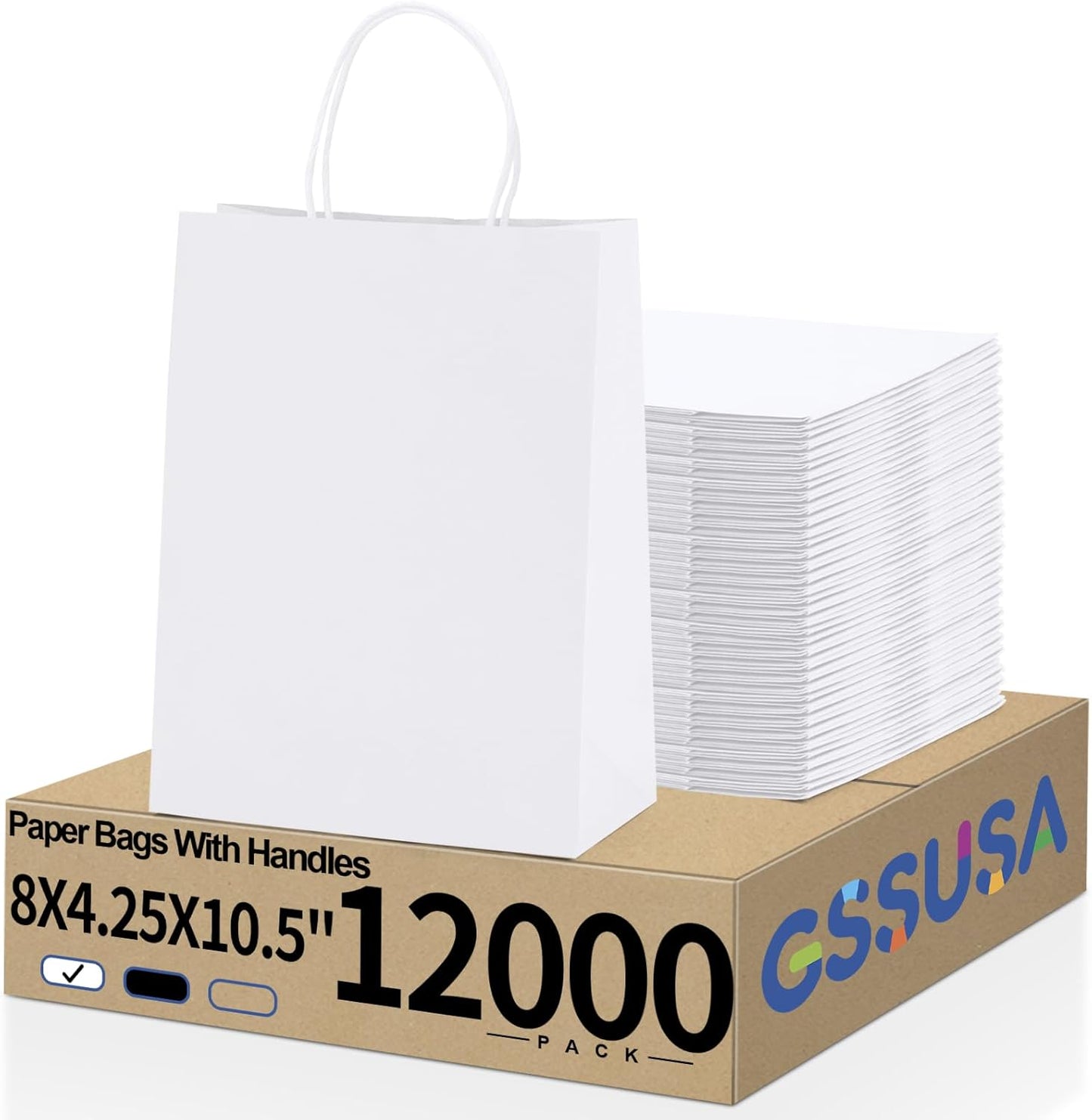 GSSUSA 12000 Pack 8x4.25x10 Inch Paper Bags with Handles Bulk, White Paper Gift Bags for Small Business, Heavy Duty Bulk, for Birthday Party Favors, Shopping, Retail