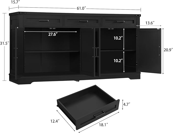 usikey Buffet Cabinet, 61” Large Sideboard Buffet Storage Cabinet - Image 2