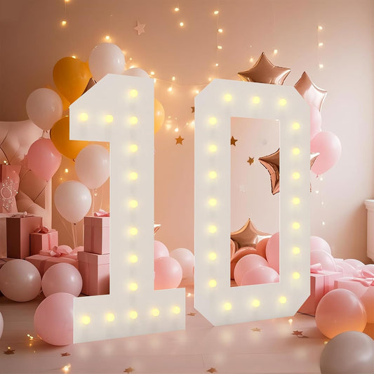 LOBOOM 4FT Light Up Numbers, Marquee Numbers 4 Feet Tall Giant Number 10 Mosaic Big Number Sign for 10th Birthday Party Backdrop Anniversary Decorations, Pre-Cut Large Frame