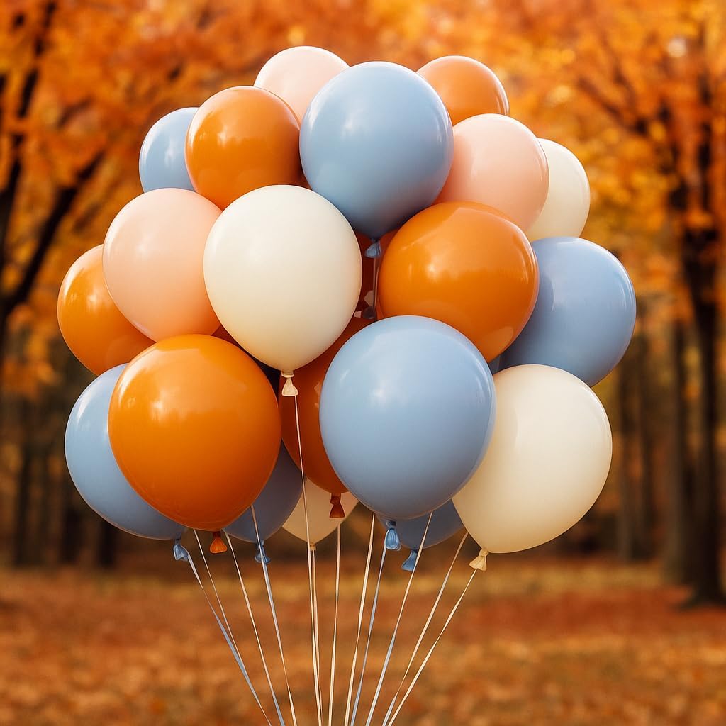 Burnt Orange and Blue Fall Balloons, 12 Inch 35PCS Dusty Blue Orange Taupe Peach Balloon, Fall Balloons for Birthday Baby Shower First Fall Thanksgiving Autumn Harvest Market Themed Party Decorations