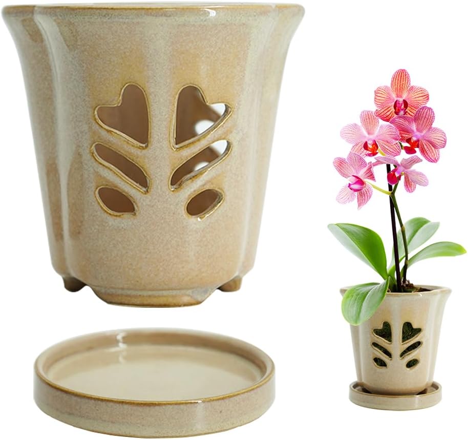 Ceramic Orchid Pot 4 Inch, Orchid Pots with Holes, Orchid Pot for Repotting, Beatiful Ice Cracked Glaze Ceramic Plant Pot, Perfect Home for Your Orchids.(Retro Pink)