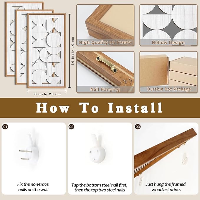 IARTTOP White Abstract Wood Wall Art Framed 8x16 Inch Set of 3 Modern - Image 2