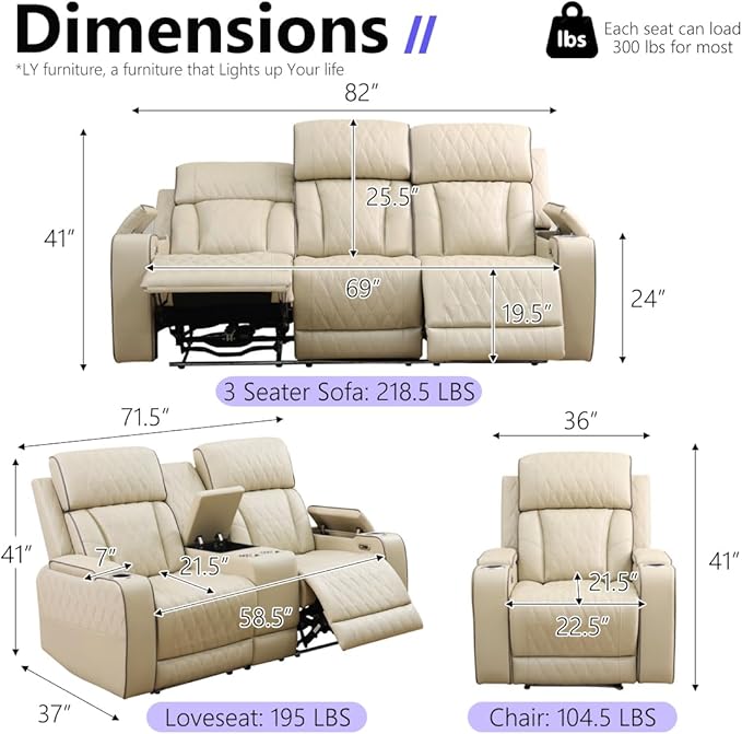 Power Recliner Sofa Set, Living Room Furniture Sets, Leather Reclining Sofa Set - Image 2