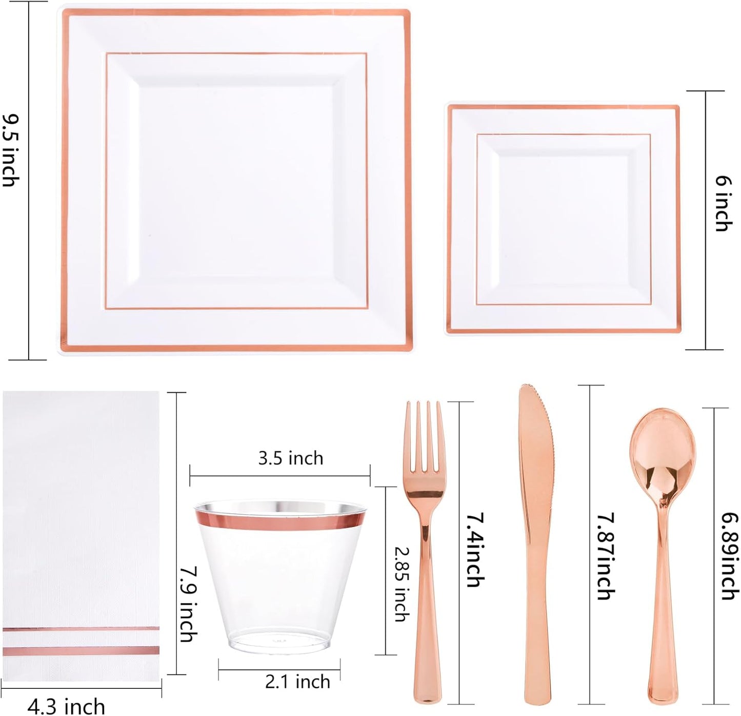 Festiva 350Pcs Rose Gold Plates and Napkins Party Supplies-Square White and Rose Gold Disposable Dinnerware include Plates Cups Cutlery Napkins for 50 Guests Wedding &Party&Mother's Day