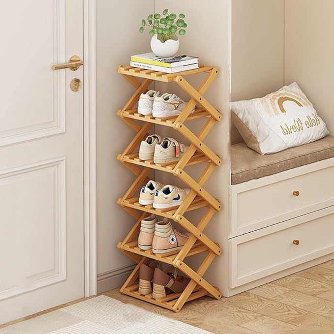 Foldable Shoe Rack, Bamboo Vertical Shoe Organizer Tall by XZXWZX