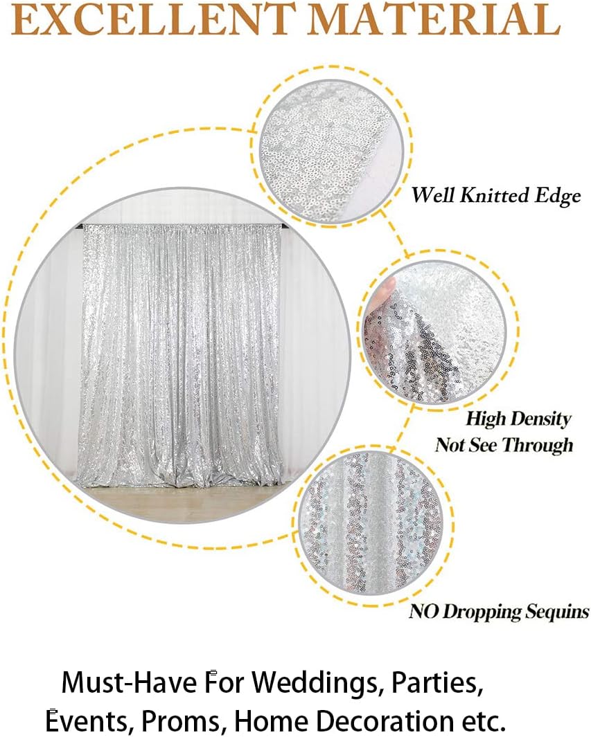 ShinyBeauty Silver Sequin Curtain 2Panels 5FTx10FT Glitter Wedding Backdrop for Photography - Shimmer Payette Fabric Background