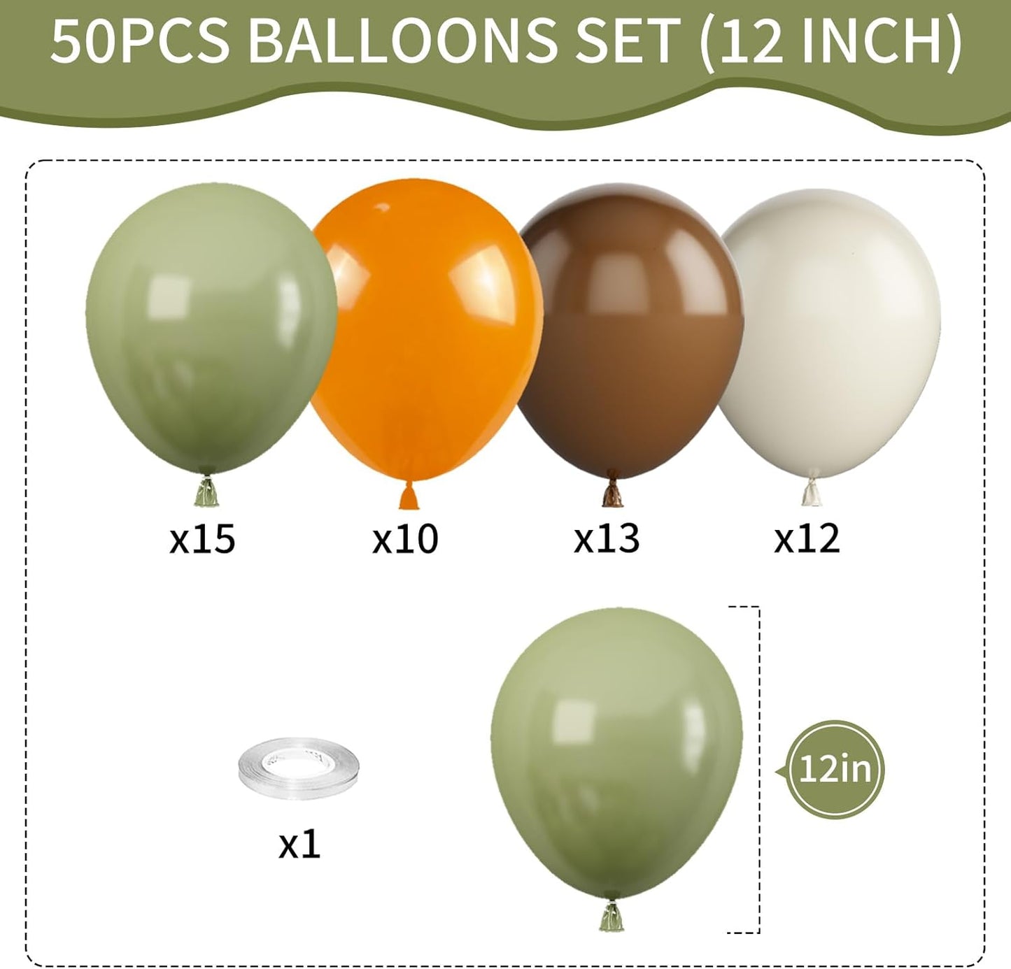 Sage Green and Orange Balloons, 12 Inch Green Brown Orange Balloons Olive Green Brown Beige Jungle Safari Wild Woodland Balloon for Birthday Wedding Baby Shower Party Decorations