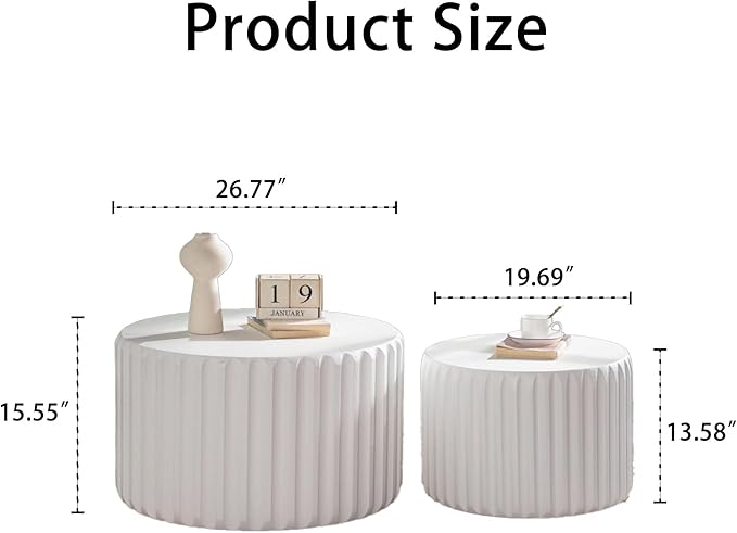 46.46'' White Round Coffee Table Set of 2, Modern Circle Fluted Drum Nesting - Image 2