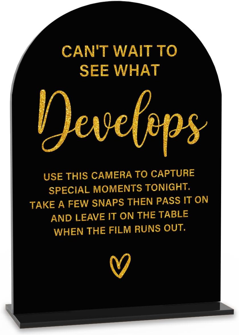 Acrylic Wedding Sign, Bridal Shower Decorations, Can't Wait to See What Develops Sign for Ceremony, Modern Font Table Signs, Acrylic Table Top Signs for Wedding Reception (Black Gold)