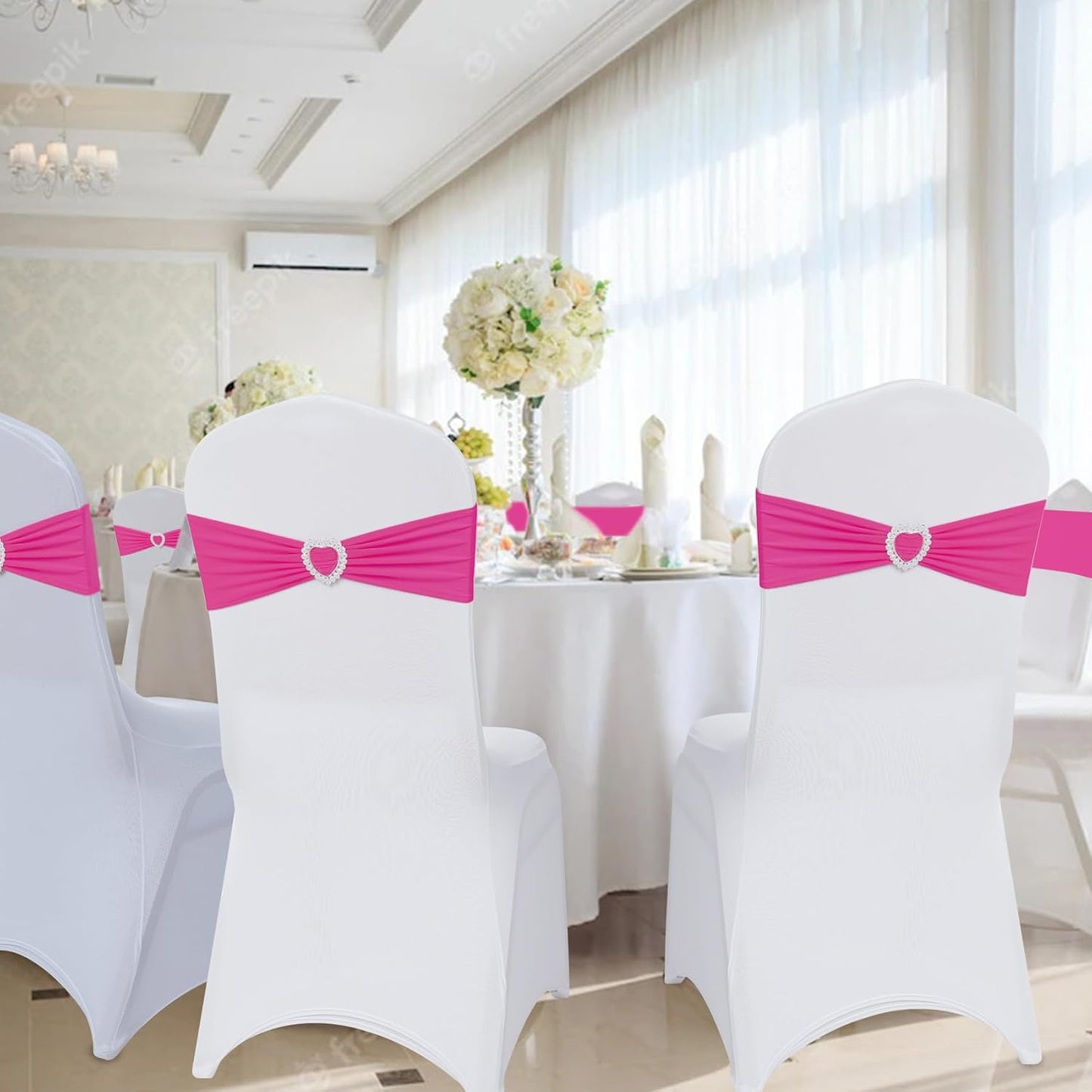 Howhic Pack of 120 Spandex Chair Sashes Bows Stretch Chair Cover Band with Buckle Slider Universal Elastic Chair Ties for Wedding Banquet Party Event Decoration (Fuchsia)