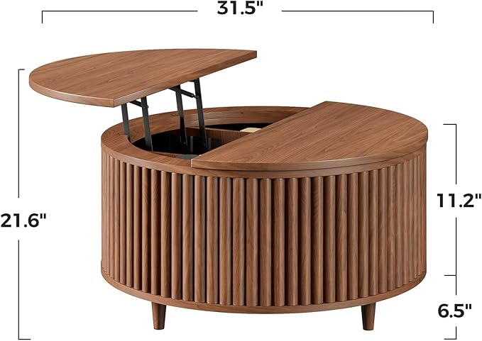 Evermagin 31.5'' Round Coffee Table, Fluted Lift Top Oak Coffee Table - Image 2