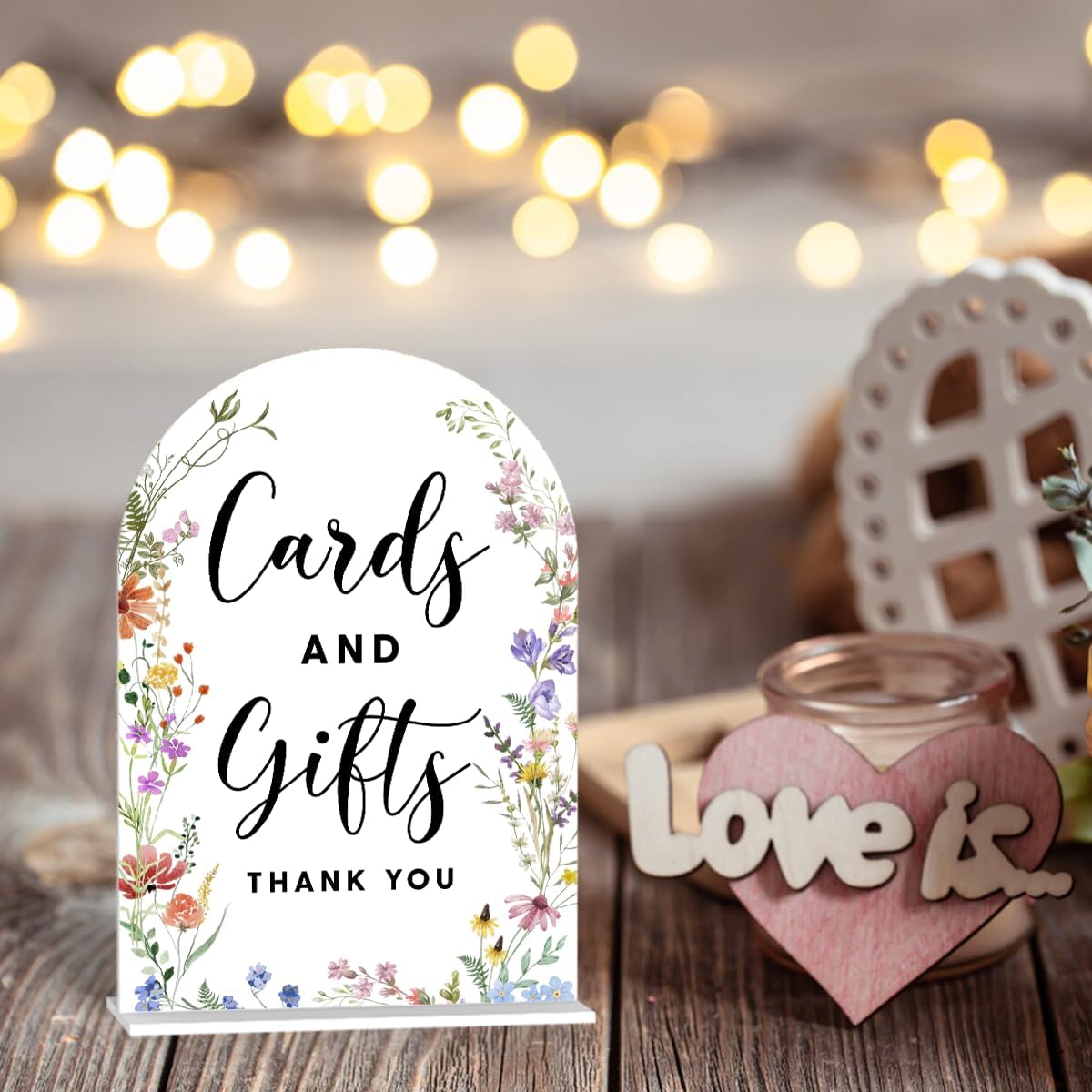 Acrylic Wedding Signs, Cards and Gifts Signs for Marriage Reception, Bridal Shower Decorations, Modern Arched Round Top Acrylic Table Top Sign with Holder for Wedding Party Dinner (White Wildflowers)