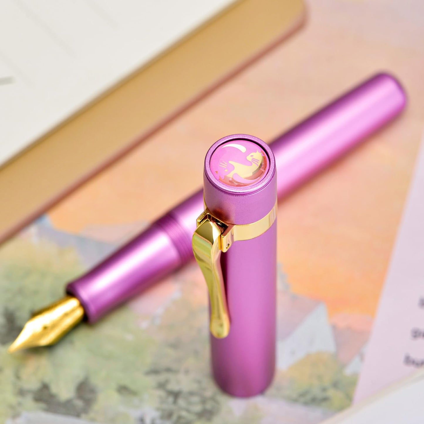 Hongdian M2 Mini Fountain Pen with Bent Nib, Sleek Shape Aluminium Short Pocket Travel Pen (Lilac Purple)