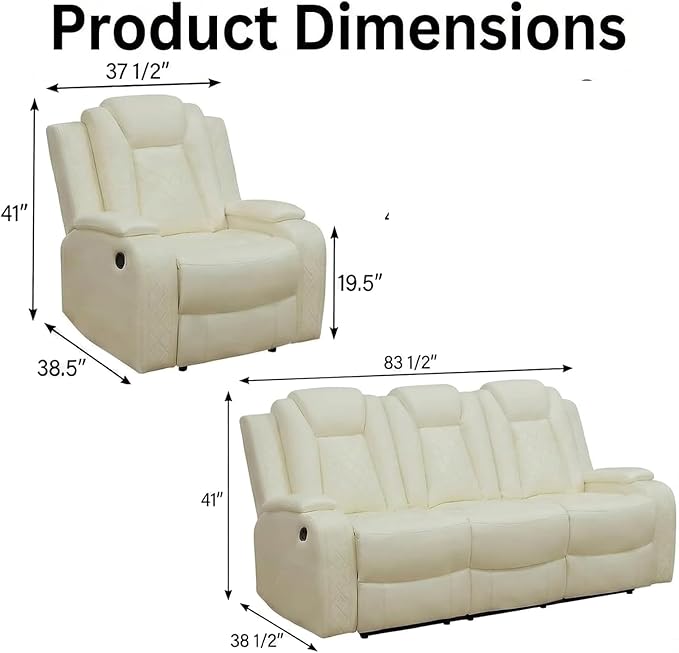 Power Recliner Sofa Set with LED Lights, Includes 2 Manual Recliner 1 Seat and - Image 2