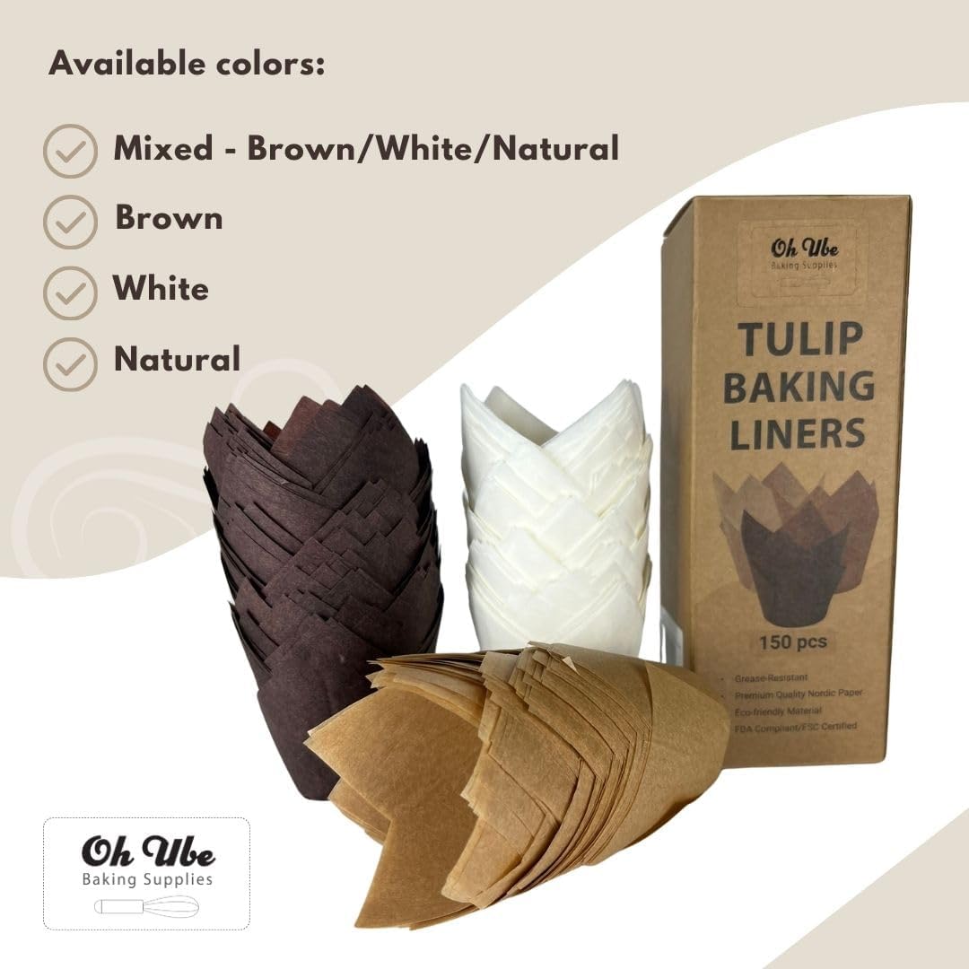 150-Pack Nordic Paper Brown Tulip Muffin Liners for Baking - Odorless, Non toxic Cup, Grease-Resistant Cupcake Wrappers for All Occasions - Perfect for Weddings, Birthdays, Showers! (Brown)