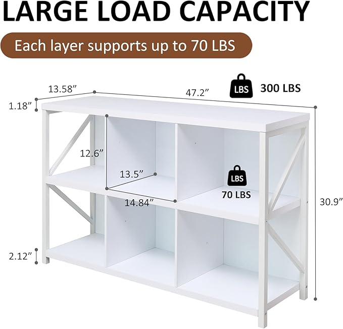 6 Cube Storage Organizer Bookshelf, Industrial Horizontal Bookcase, Accent - Image 2