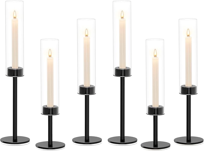 Black Hurricane Glass Candle Holders Set of 6, Tall Metal Taper Candle Stick - Image 8