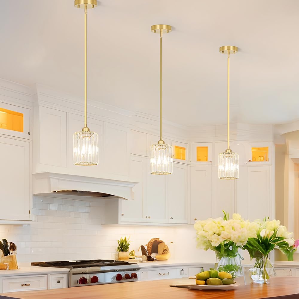 Gold Kitchen Pendant Lights Over Island with Adjustable Rods - Crystal Pendant Lighting Fixtures for Sloped Ceiling, Ideal Over Dining Table or Bar, E26 Bulb Compatible, No Electrician Needed