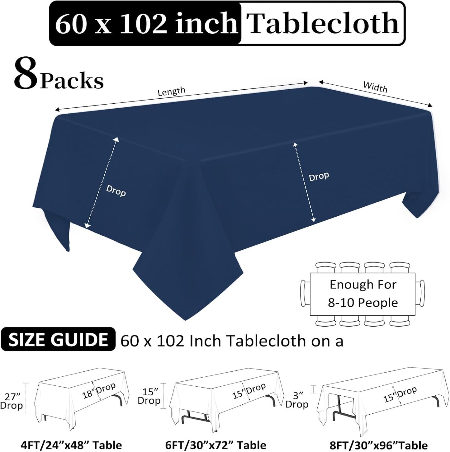 8 Pack Navy Blue Tablecloth 60 x 102 Inch Rectangular Tablecloths for 6 Foot Rectangle Tables, Wrinkle Resistant Blue Table Cloth Washable Polyester Fabric Table Covers for Party Wedding Banquet