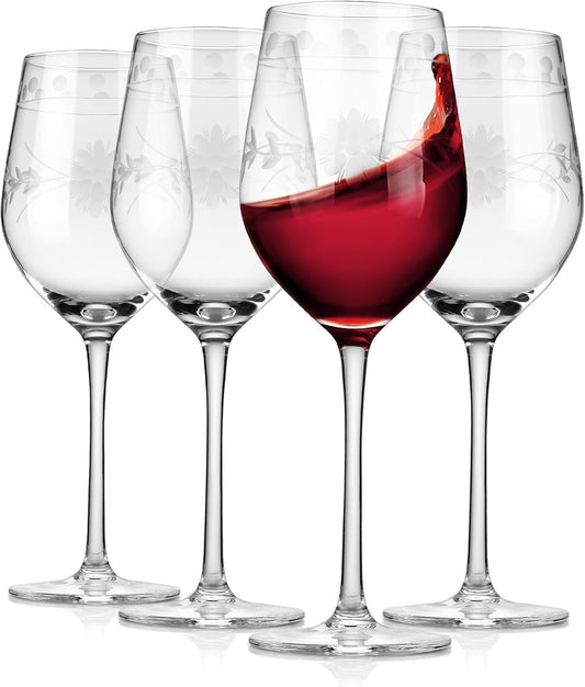 Premium Delight Wine Glasses Set of 4,15 oz – Hand-Blown with Etched Long Stem, Classic Glassware for Weddings, Dinners, and Holiday Gifting (Red Wine Glass)