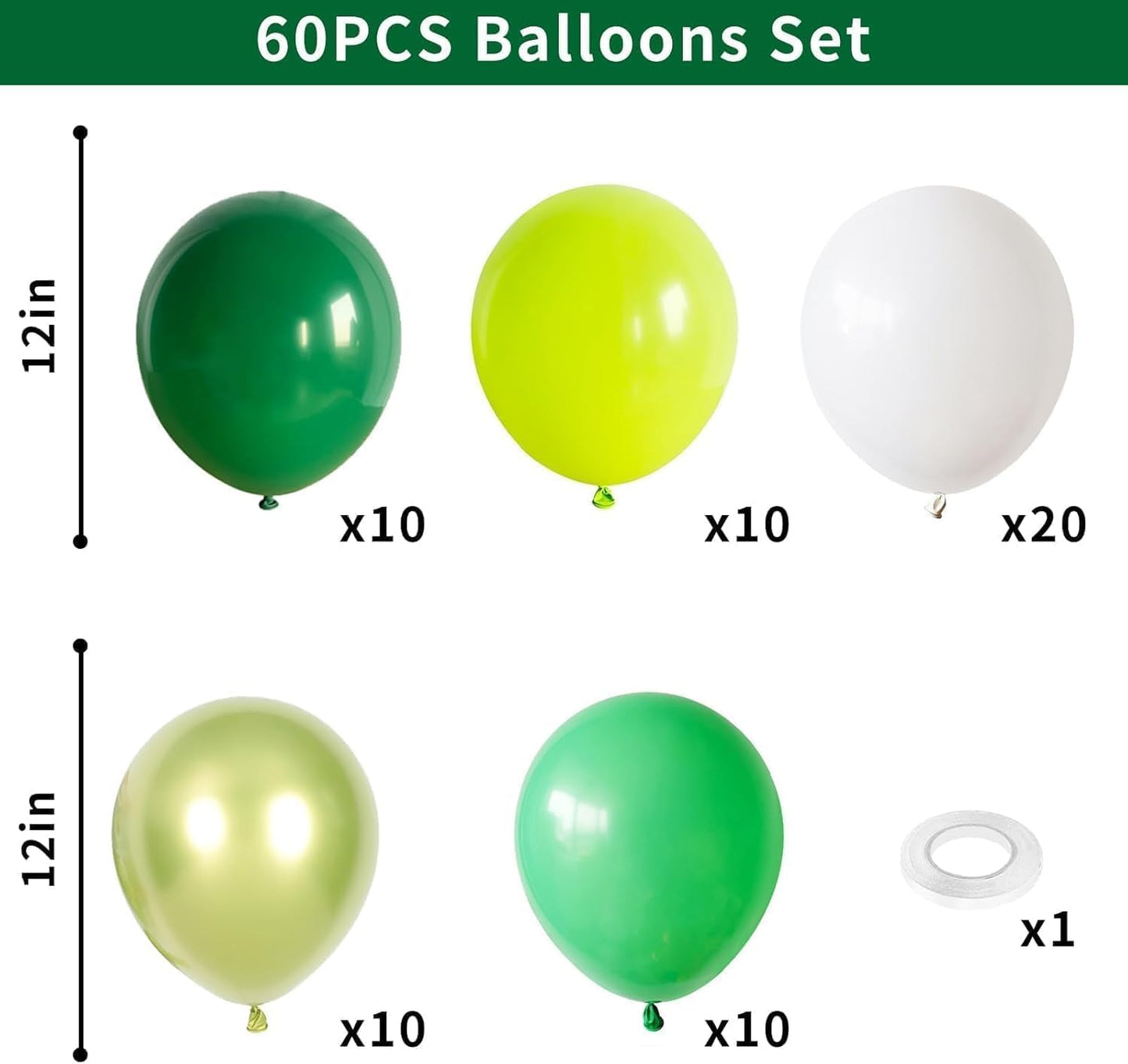60PCS Green Party Balloons, Dark Green Emerald Green Lime Greens Chrome Metallic Greens and White Latex Balloon, for Greens Themed Birthday Jungle Safari Party Supplies St. Patrick's Day Decoration