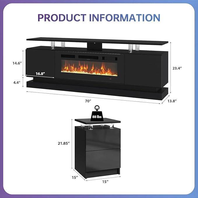 3-Piece Modern Living Room Table Set, Includes High Gloss 70" Fireplace TV - Image 2