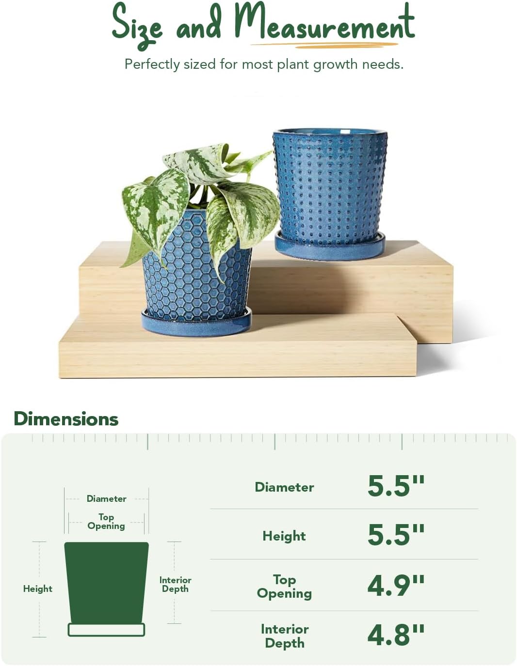 LE TAUCI Ceramic Pots for Plants, 5.5 Inch Plant Pots with Drainage and Saucer, Indoor Plant Pots for Succulents, Snake Plants, Cactus, and More, Set of 2, Reactive Glaze Blue