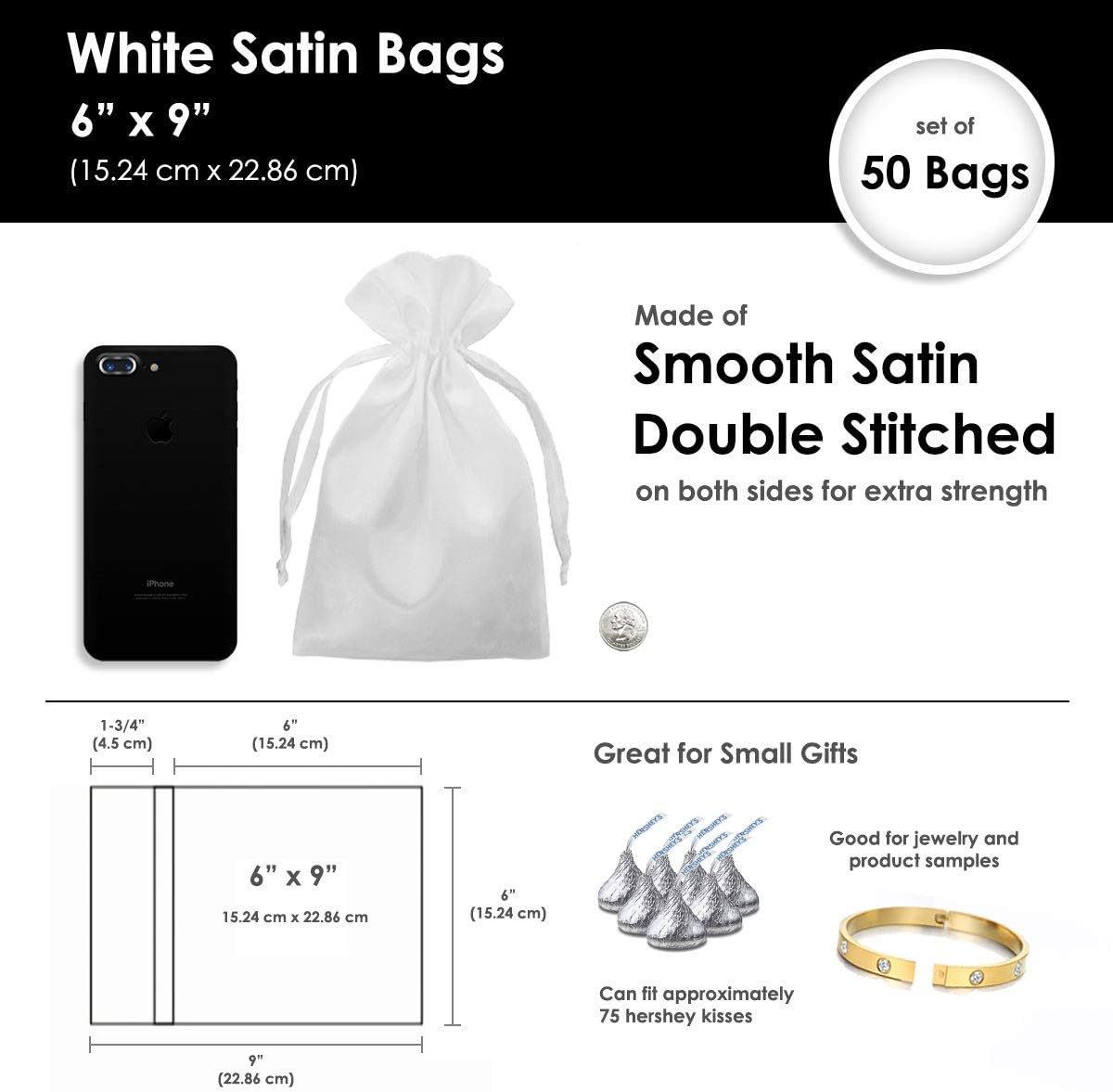 6" x 9" White Satin Gift Bags, Jewelry Bags, Wedding Favor Drawstring Bags Baby Shower Christmas Gift Bags 50 per Pack