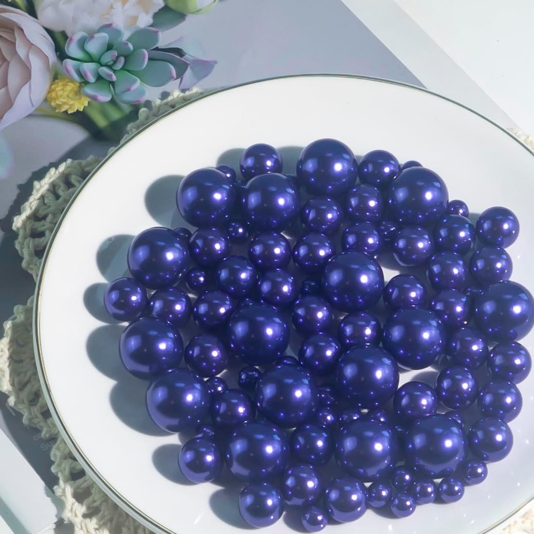 300Pcs Dark Purple Polished No Hole Faux Pearl Beads for Vase Filling Decorations, Plastic Pearls Vase Fillers, Table Scatters, Wedding Centerpiece, Home Decor, 8/14/20 mm