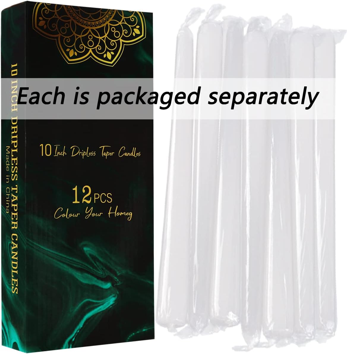 Dripless Taper Candles - Unscented White Candles Bulk - Candle Sticks Long Burning 7.5-8 Hours - for Candlesticks, Dinner Table, Vigil, Advent, Christmas, Thanksgiving, Kwanzaa - 12 Pack,10 Inch Tall