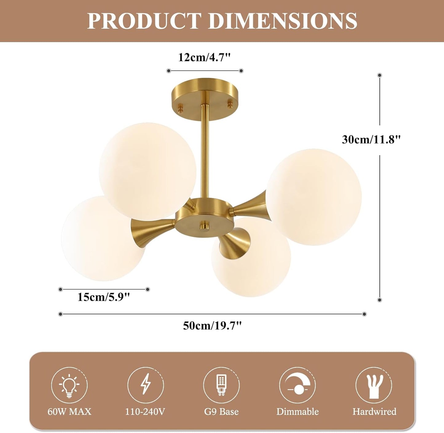 KCO Lighting Modern Globe Ceiling Light Gold Semi Flush Mount Sputnik Chandelier Mid Century Frosted Glass Ceiling Lamp for Living Room Dining Room Bedroom (4-Light)