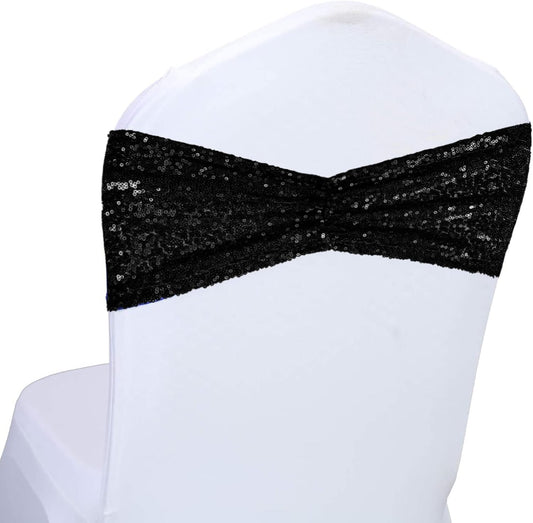 SquarePie Pack of 100 Chair Sashes Sparkly Black Sequin Bands for Wedding Party Banquet Home Decor