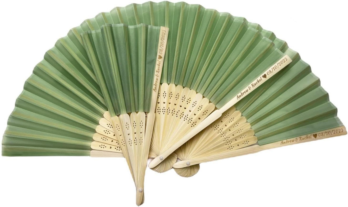 Personalized Wedding Fans Handheld Folding Fans (40Pcs) - Custom Engraved Green Silk Fans for Bridal Shower Favor/Baby Shower Favor, Birthdays Party Gifts/Gifts for Party Guests