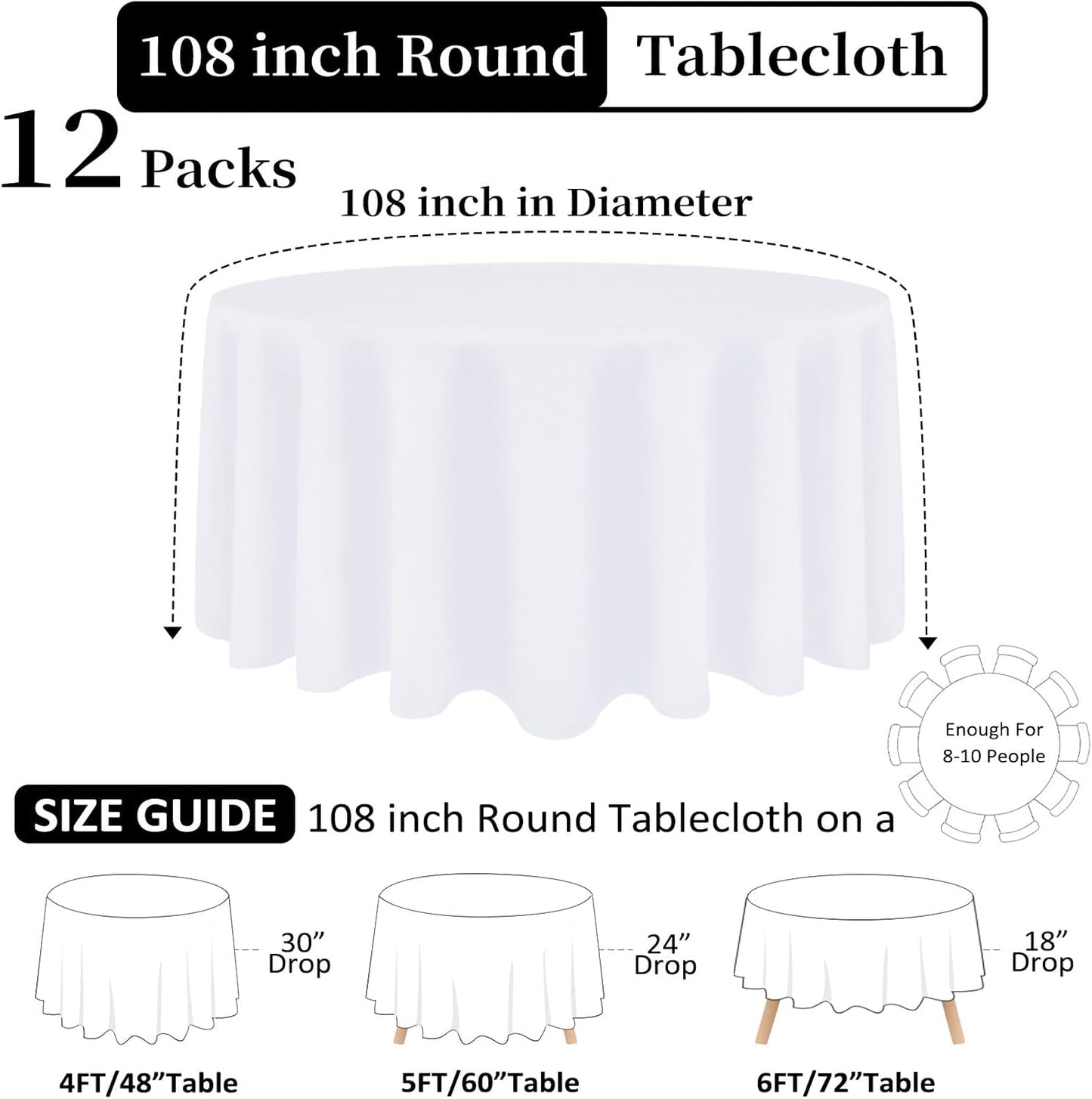 12 Pack White Round Tablecloth 108 Inch White Table Cloth Stain and Wrinkle Resistant Round White Tablecloths Reusable and Washable Polyester Fabric Table Covers for Buffet Wedding Party and Banquet