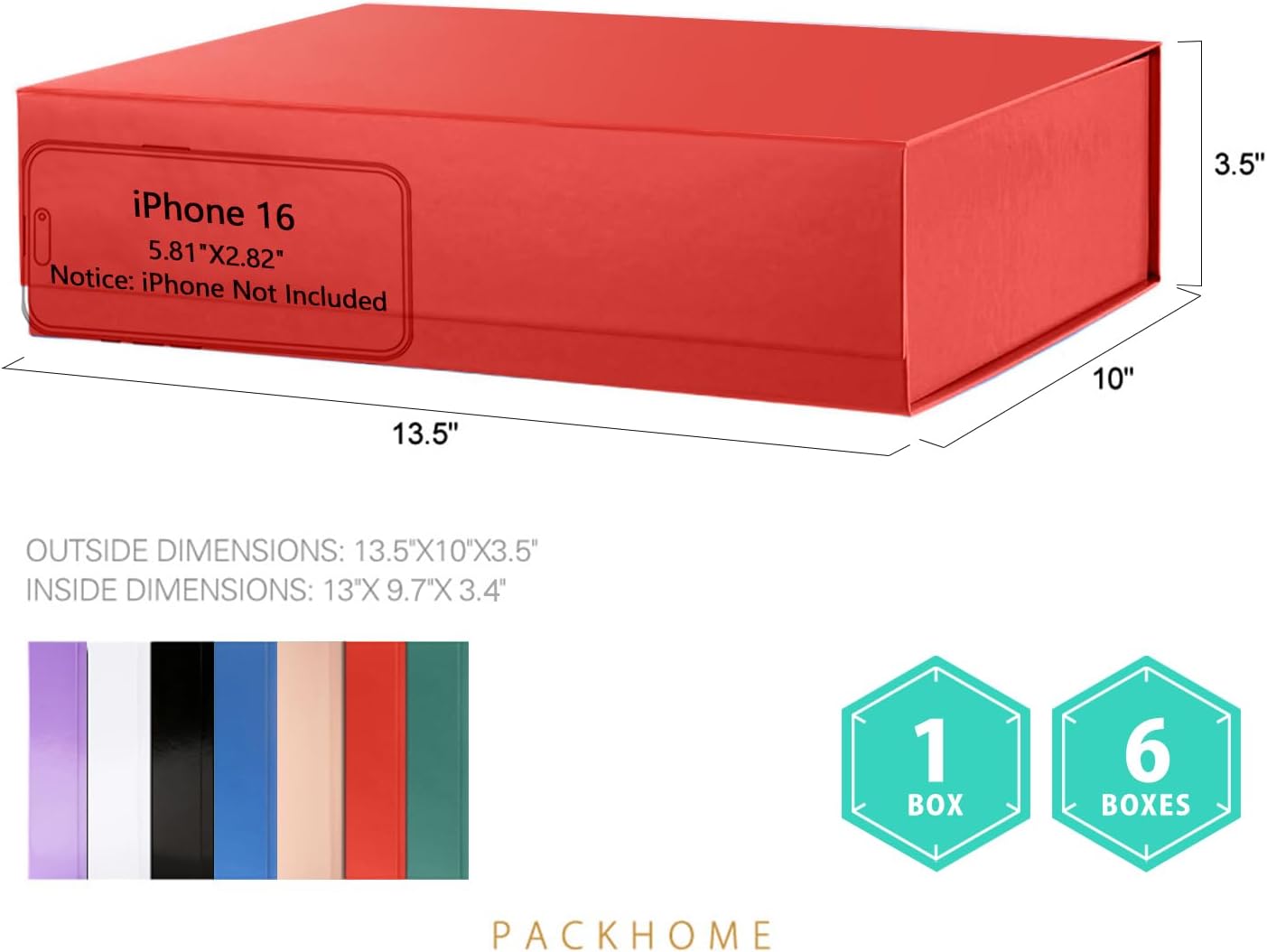 PACKHOME Large Gift Box 13.5x10x3.5 Inches, Sturdy Shirt Box with Magnetic Lid for Multiple Occasions (Glossy Red)