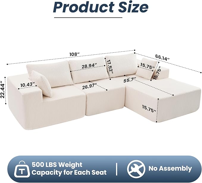 DUMOS 108” Modular Sectional Sofa, Cloud Sectional Couch - Image 2