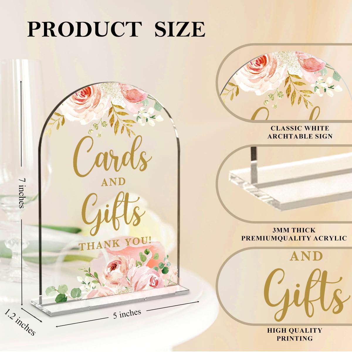 2 Pcs Acrylic Wedding Signs for Reception, Bridal Shower Decorations, Cards and Gifts Signs, Guest Book Sign, Arch Acrylic Table Top Sign with Holder for Wedding Reception (Clear Pink Flowers)