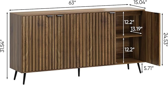 Smuxee 63" Fluted Sideboard Cabinet, Freestanding Walnut Buffet Cabinet - Image 2