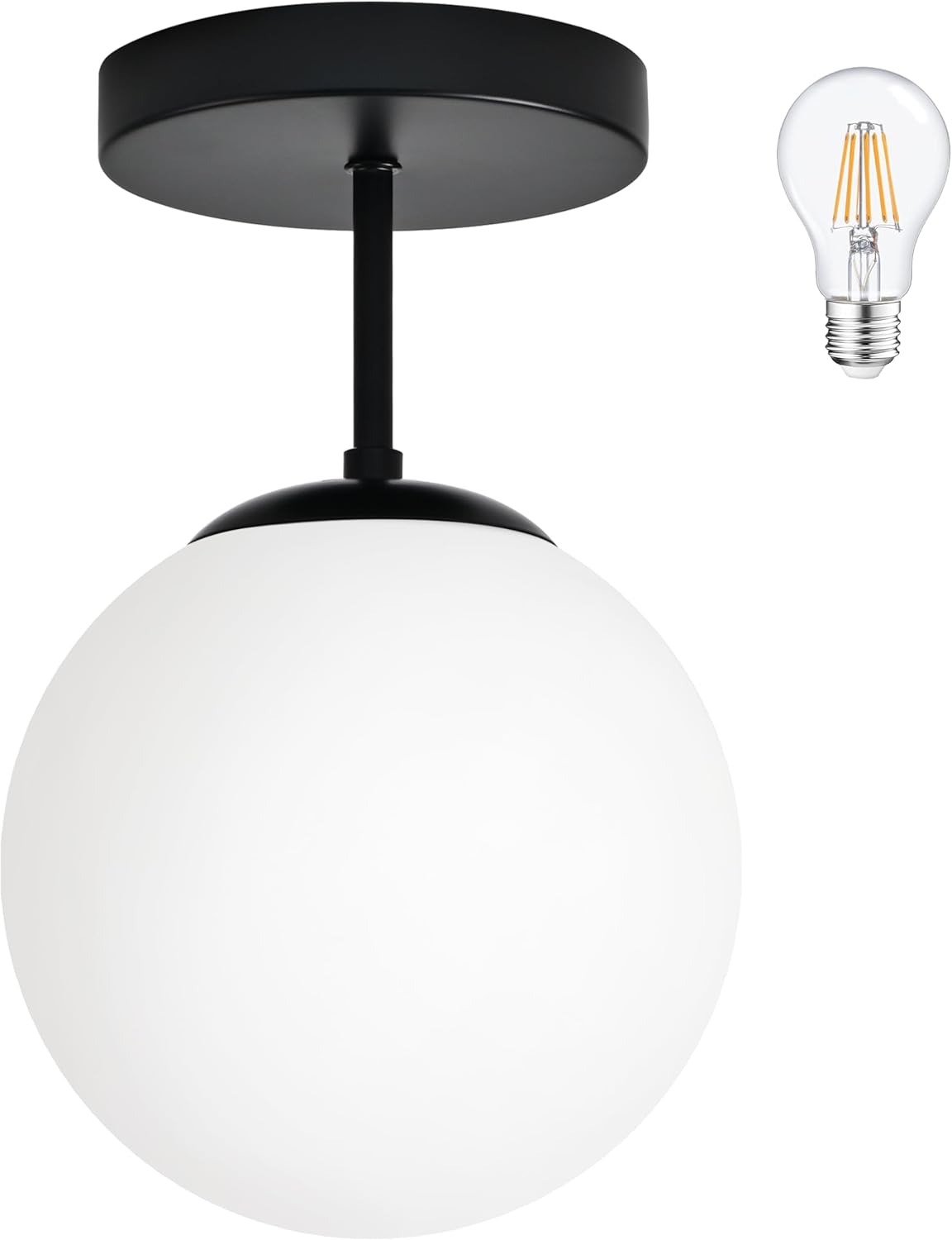 8" Black Semi Flush Mount Ceiling Light Fixture Milk Glass Globe Ceiling Light Fixtures Hallway Light Fixtures Mid Century Ceiling Lights Matte Black Finish for Entryway Foyer (Bulb Incl.)