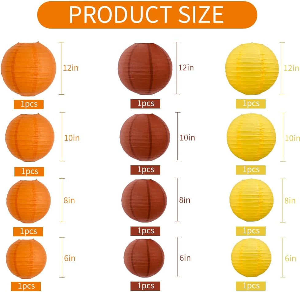 BEISHIDA 12Pcs Fall Orange Paper Lanterns Decorative Yellow Orange Brown Hanging Round Paper Lanterns Lamp for Thanksgiving Harvest Fall Wedding Autumn Birthday Decor,Outdoor Party Decoration