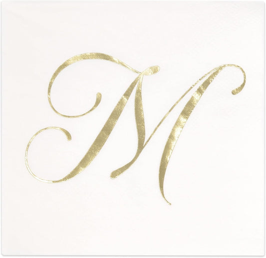 Gift Boutique 100 Gold Monogram Cocktail Napkins Letter M Disposable Paper Pack Elegant Metallic Golden Foil Hand Napkin for Powder Room Wedding Holiday Birthday Party Baby Shower Decorative Towels