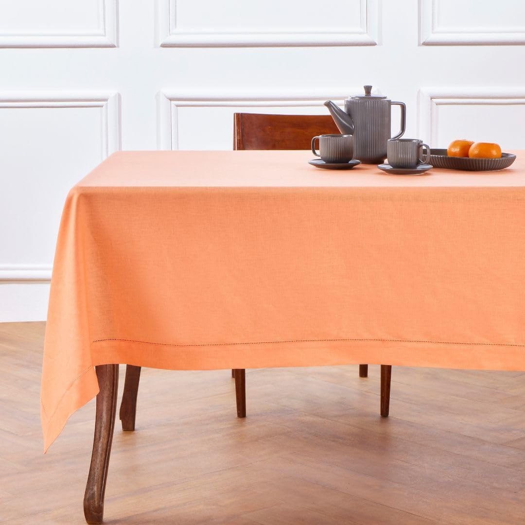 Solino Home Linen Tablecloth for Rectangle Tables 60 x 90 Inch - Classic Hemstitch 100% Pure Linen Coral Table Cloth - Machine Washable Cloth Tablecloth