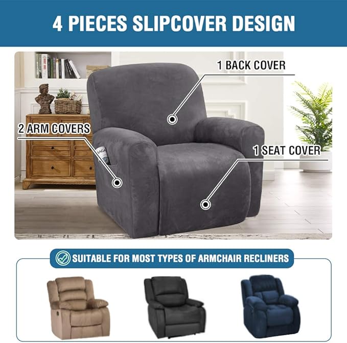 H.VERSAILTEX Velvet Stretch Recliner Couch Covers 4-Pieces Style Recliner Chair - Image 2