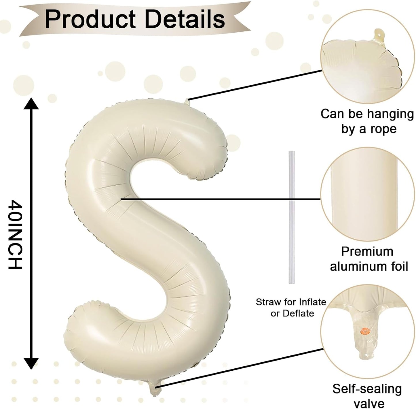 40 Inch Letter Balloons S, Big Custom A-Z Alphabet Foil Name Balloon Cream White, Self Inflating Beige Customize Helium Balloon Letters S for Women Girls Birthday Bride Baby Shower Party Decorations