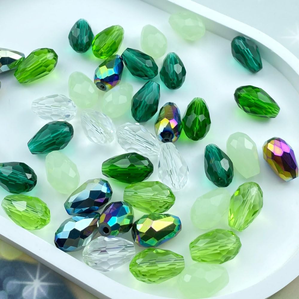 40pcs 10x15mm Teardrop Crystal Glass Beads Vertical Hole Faceted Loose Spacer Beads for DIY Craft Jewelry Making Necklace Bracelet Earring Wind Chimes(Green Series)