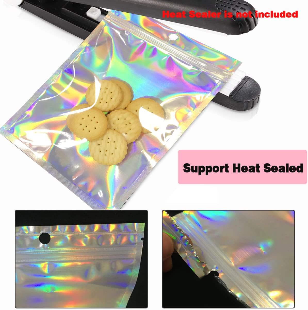 Smell Proof Bags & Resealable Foil Pouch Bag [100 PCS ] Great for Party Favor Food Storage (Holographic Color, 8 x 5.5 Inch)