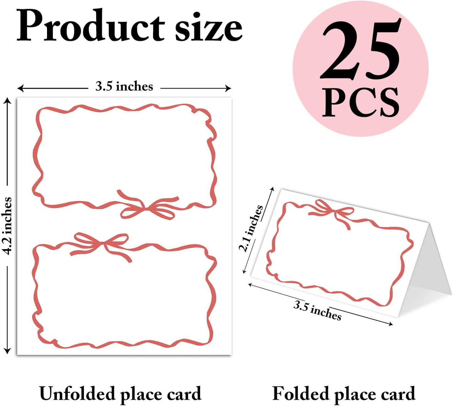 25 Pack Red Bow Wave Place Cards, Editable Name Cards for Table Setting, Tent Cards Food Label for Dinner Party, Bridal Shower, Wedding, Baby Shower and Events -T13