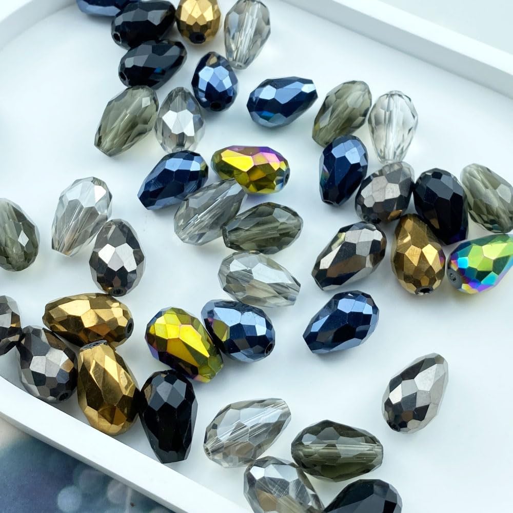 110pcs 6x8mm Teardrop Crystal Glass Beads Vertical Hole Faceted Loose Spacer Beads for DIY Craft Jewelry Making Necklace Bracelet Earring Wind Chimes(Black Series)