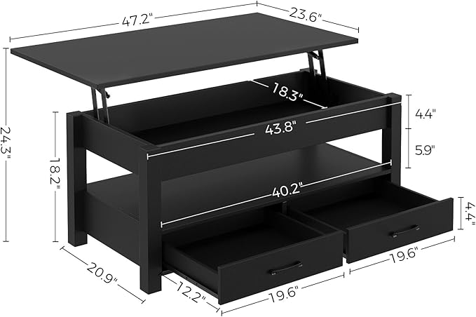Rolanstar Coffee Table, 47.2" Lift Top Coffee Table - Image 3