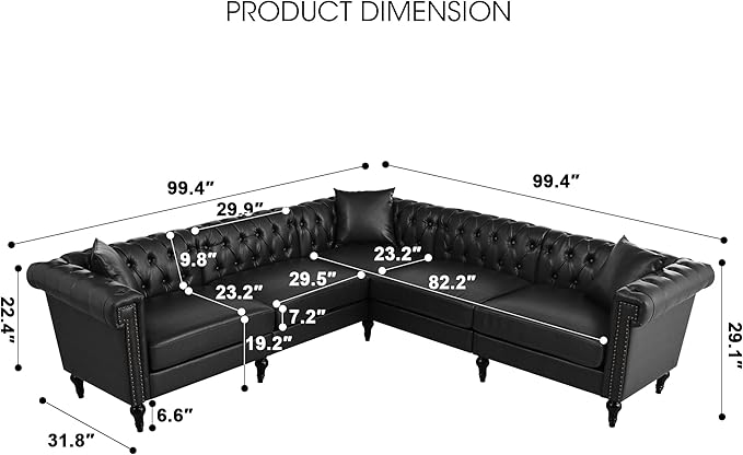 KEIKI 99" L-Shaped Luxury PU Leather Chesterfield Sectional Sofa - Image 2